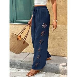 Frenchy Women's Casual Solid Color Hollow Embroidery Drawstring Waist Text